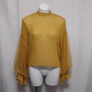 Tesoro Mustard Sheer Ruffle Blouse S Romantic Mesh Sleeve Boho Chic Evening Top
